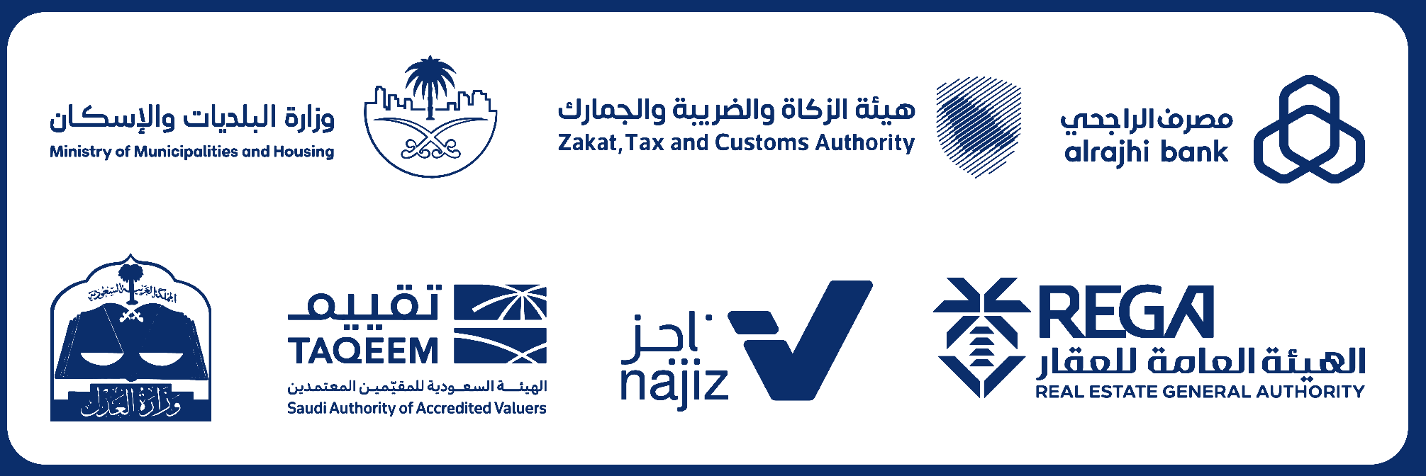 جهات معتمدة: وزارة البلديات والإسكان، هيئة الزكاة والضريبة، مصرف الراجحي، وزارة العدل، تقييم، ناجز، الهيئة العامة للعقار